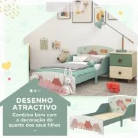 ZONEKIZ Cama para Crianças de Madeira com Barreira de Proteção e Estampados Carga Máx. 40 kg 77x143x60 cm Verde(m-4)