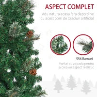 Pom de Craciun artificial subtire cu creion inalt de 165cm  HOMCOM cu ramuri realiste, 556 de varfuri si 27 de conuri de pin, brad cu ace de pin, decor de Craciun, verde(m-7)