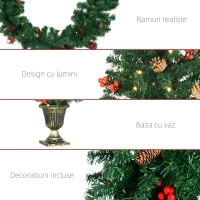 HOMCOM Set de decoratiuni pentru Craciun set 4 piese, coroana de ghirlande si set de 2 copaci cu lumini LED albe calde, fructe de padure rosii, pini de pin, verde(m-7)