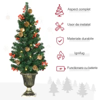 HOMCOM Set de decoratiuni pentru Craciun set 4 piese, coroana de ghirlande si set de 2 copaci cu lumini LED albe calde, fructe de padure rosii, pini de pin, verde(m-4)