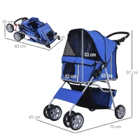 PawHut Pet Stroller for Small Miniature Dogs Cats Foldable Travel Carriage with Wheels Zipper Entry Cup Holder Storage Basket Blue(m-3)