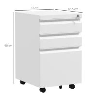 Vinsetto Mobiletto da Ufficio a 3 Cassetti con Barra Regolabile e Vassoio, in Acciaio, 37x43.5x60 cm, Bianco(m-3)
