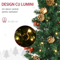 HOMCOM Set de decoratiuni pentru Craciun set 4 piese, coroana de ghirlande si set de 2 copaci cu lumini LED albe calde, fructe de padure rosii, pini de pin, verde(m-5)
