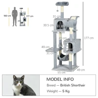 PawHut Copac pentru Pisici de Interior Turn de Catarat pentru Pisici Stalpi de Zgariat Covoare Hamac Perne Minge de Jucarie Gri accesorii animale feline sala de gimnastica pisoi lounge mobila sufragerie(m-3)