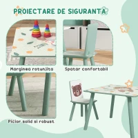 ZONEKIZ Set masa si scaun 3 piese pentru copii MDF lemn de pin desene animale verde distractie copii indemanare confortabil pentru copii model cu desene(m-5)