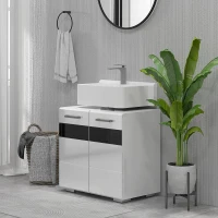 kleankin Dulap pentru Chiuveta din Baie Dulap de Depozitare pentru sub Chiuveta Usi Duble Rafturi Alb depozitare laterala toaleta acasa birou hol prosop manere dus colt baza inalta vopsit rezistent la apa(m-7)