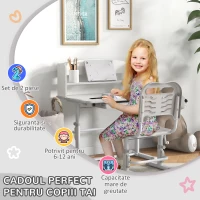 ZONEKIZ Set Birou si Scaun pentru Copii Reglabil in Inaltime Birou de Studiu pentru Copii pentru Scoala cu Sertar Raft pentru Carti Masa cu Unghi Reglabil Covoras(m-4)