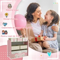 Raft mobil ZONEKIZ pentru jucării cu 6 containere detașabile din material textil, 63x30x66cm, de culoare roz(m-7)