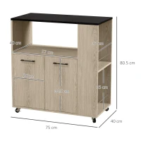 Cărucior de bucătărie din PAL HOMCOM cu raft deschis, dulap cu 2 uși și poliță laterală cu 2 niveluri, 75x40x80,5 cm, de culori stejar și negru(m-3)