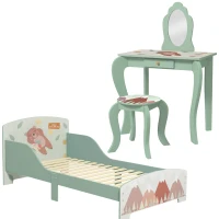ZONEKIZ Toddler Bed Frame, Kids Dressing Table with Mirror and Stool, Cute Animal Design Kids Bedroom Furniture Set for Ages 3-6 Years, Green(m-1)
