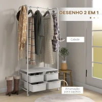 HOMCOM Charriot Moderno 8 Ganchos e 4 Cestos para Armazenamento Charriot com Rodas e Estrutura de Aço 63x37x153 cm Branco(m-4)