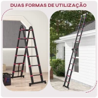 HOMCOM Escada de Alumínio Dobrável 2 Formas de Utilização Retrátil Escada Telescópica com 12 Degraus 67,5x11x379 cm Preto e Vermelho(m-4)