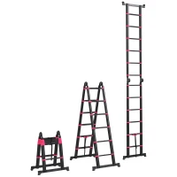 HOMCOM Escada de Alumínio Dobrável 2 Formas de Utilização Retrátil Escada Telescópica com 12 Degraus 67,5x11x379 cm Preto e Vermelho(m-11)