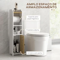 kleankin Armário Casa de Banho Moderno com Prateleiras e Suporte para Papel Higiénico 18x20x90 cm Branco e Madeira(m-5)