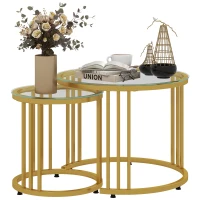 HOMCOM Round Coffee Tables Set of 2, Nesting Tables with Tempered Glass Top and Steel Frame, 60cmx60cmx47cm, Gold Tone(m-11)