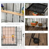 PawHut Gaiola para Pássaros com Suporte e Rodas Bandeja Amovível e 2 Tigelas para Papagaios Piriquito 51x51x153 cm  Preto(m-5)