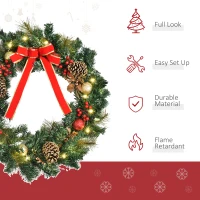 HOMCOM 60cm Pre Lit Artificial Christmas Door Wreath Holly LED Decor Pine Cones Hanging Glittered Festival Decoration(m-4)