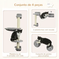 PawHut Prateleiras de Escalada para Gatos de Parede com Rede Plataformas Poste de Sisal e Escada 84,5x19x54 cm Cinza e Bege(m-5)