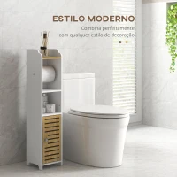 kleankin Armário Casa de Banho Moderno com Prateleiras e Suporte para Papel Higiénico 18x20x90 cm Branco e Madeira(m-4)