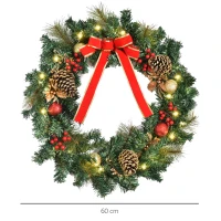 HOMCOM 60cm Pre Lit Artificial Christmas Door Wreath Holly LED Decor Pine Cones Hanging Glittered Festival Decoration(m-3)