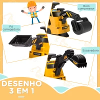 HOMCOM Escavadora Elétrica para Crianças Veículo Infantil 3 em 1 com Bateria 6V Pá e Rolo Compressor 100x43x48,5 cm Preto e Amarelo(m-4)
