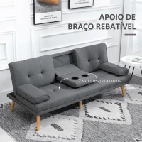 HOMCOM Sofá Cama 3 Lugares com Encosto Ajustável Apoio para os Braços Desmontável e 2 Suportes para Copos 181x77x78 cm Cinza(m-4)