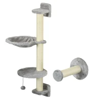 PawHut Prateleiras de Escalada para Gatos de Parede com Rede Plataformas Poste de Sisal e Escada 84,5x19x54 cm Cinza e Bege(m-8)