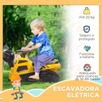 HOMCOM Escavadora Elétrica para Crianças Veículo Infantil 3 em 1 com Bateria 6V Pá e Rolo Compressor 100x43x48,5 cm Preto e Amarelo(m-5)