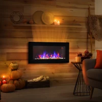 HOMCOM LED Wall Mounted Fireplace Curved Glass Electric Fire Place for Living Room, 1000W/2000W, 48H x 90.8W x 11.5Dcm, Black(m-14)