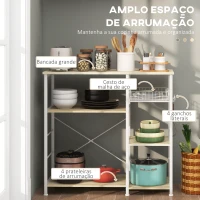 HOMCOM Estante de Cozinha com 1 Cesto 4 Ganchos em S 6 Pés com Almofadas Ajustáveis e Prateleiras 90x40x84,5 cm Carvalho e Branco(m-4)