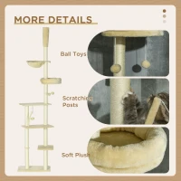 PawHut Floor to Ceiling Cat Tree for Indoor Cats, 6-Tier Play Tower Climbing Activity Center with Scratching Post, Platforms, Bed, Hammock, Adjustable Height 230-250cm, Beige(m-6)