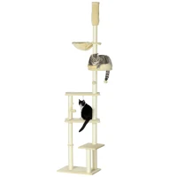 PawHut Floor to Ceiling Cat Tree for Indoor Cats, 6-Tier Play Tower Climbing Activity Center with Scratching Post, Platforms, Bed, Hammock, Adjustable Height 230-250cm, Beige(m-1)