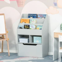 HOMCOM Kids Bookshelf, Toy Organiser, with Storage Drawer, Wheels - Grey(m-11)