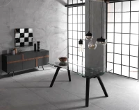 STONES Tavolo allungabile con top e allunghe in vetro temperato, gambe in legno impiallacciato, 90x180/260x76cm, trasparente, nero(m-4)