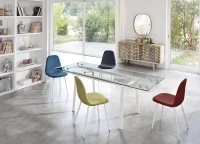 STONES Tavolo allungabile con top e allunghe in vetro temperato e gambe in metallo verniciato, 80x140/200x76cm, trasparente, bianco(m-2)