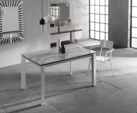 STONES Tavolo allungabile con top in ceramica su vetro temperato, gambe in metallo verniciato e allunghe in melaminico laccato, 90x140/220x75cm, ceramica marmo bianco, bianco(m-3)