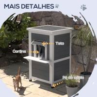 PawHut Casa para Gatos de Madeira 60x60x81,5 cm de 2 Níveis com Cortina e Portas com Beirais Impermeáveis Cinza e Branco(m-7)