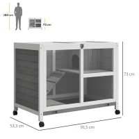PawHut Coelheira de Madeira com Rodas 91,5x53,5x73cm Gaiola para Coelhos de 2 Níveis com Bandeja Amovível e Rampa Cinza(m-3)