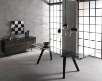 STONES Tavolo allungabile con top e allunghe in vetro temperato, gambe in legno impiallacciato, 90x180/260x76cm, trasparente, nero(m-5)
