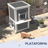PawHut Casa para Gatos de Madeira 60x60x81,5 cm de 2 Níveis com Cortina e Portas com Beirais Impermeáveis Cinza e Branco(m-5)
