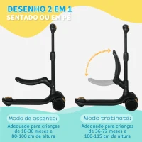 AIYAPLAY Trotinete para Crianças 2 em 1 com Altura Ajustável 3 Rodas Brilhantes e Assento para +18 Meses 58x31x64-79 cm Preto(m-5)