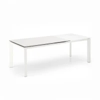 STONES Tavolo allungabile con top in ceramica su vetro temperato, gambe in metallo verniciato e allunghe in melaminico laccato, 90x140/220x75cm, ceramica bianca, bianco(m-2)