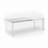 STONES Tavolo allungabile con top in ceramica su vetro temperato, gambe in metallo verniciato e allunghe in melaminico laccato, 90x140/220x75cm, ceramica marmo bianco, bianco(m-2)