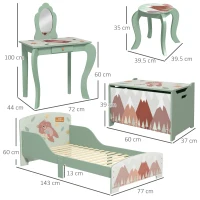 ZONEKIZ Kids Bedroom Furniture Set Includes Bed Frame, Kids Toy Chest, Dressing Table with Mirror and Stoolfor Ages 3-6 Years, Green(m-3)
