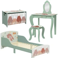 ZONEKIZ Kids Bedroom Furniture Set Includes Bed Frame, Kids Toy Chest, Dressing Table with Mirror and Stoolfor Ages 3-6 Years, Green(m-1)
