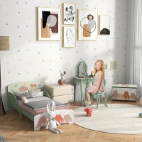 ZONEKIZ Kids Bedroom Furniture Set Includes Bed Frame, Kids Toy Chest, Dressing Table with Mirror and Stoolfor Ages 3-6 Years, Green(m-2)