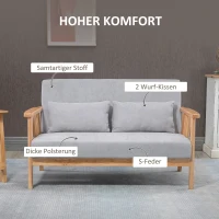 HOMCOM Sofa Relaxbank 2-zitsbank, inclusief 2 kussens, fluweelachtige uitstraling, rubberhout, 130 cm x 75 cm x 78 cm, Grijs + Natuurlijk(m-4)