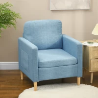 HOMCOM Poltrona Sala de Estar Poltrona Relax com 2 Bolsos Laterais Apoio para os Braços Pés de Madeira 73x79x87 cm Azul(m-7)