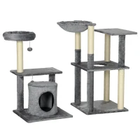 PawHut Arranhador para Gatos com Poste de Arranhar de Sisal Cama Caverna Plataformas e Bolas Suspensas 49x49x144 cm Cinza(m-11)
