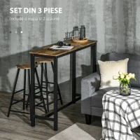 HOMCOM Set masa de bar industrial, masa dreptunghiulara pentru mic dejun cu 2 scaune, masa inalta de 3 piese si scaune pentru bucatarie, sufragerie, maro rustic(m-4)